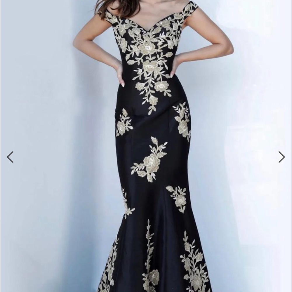 Jovani Black Evening Gown with Ivory/Gold Floral Embroidery